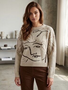 Coney Island Picnic Faces Artistic Face Design Sweater Cream and Black S…